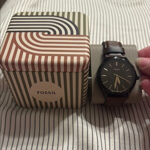 Fossil Black Dial Watch with Brown Leather Strap
